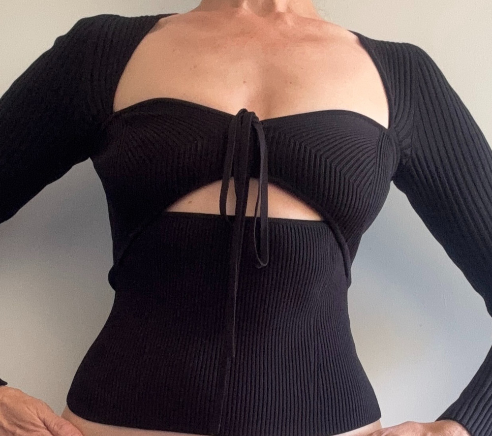 Jonathan Simkhai Ribbed Cutout Crop Top Womens Small Black Tie Front Long Sleeve